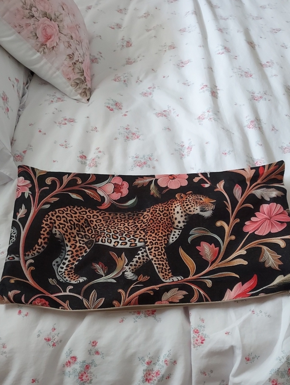 Black Leopard Floral Decorative Throw Pillow Cover - Pink and Brown Accents